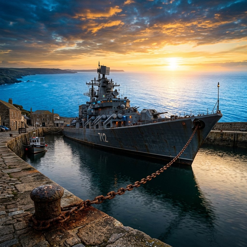 A massive steel warship anchored in an old harbor held by a thin rusty chain