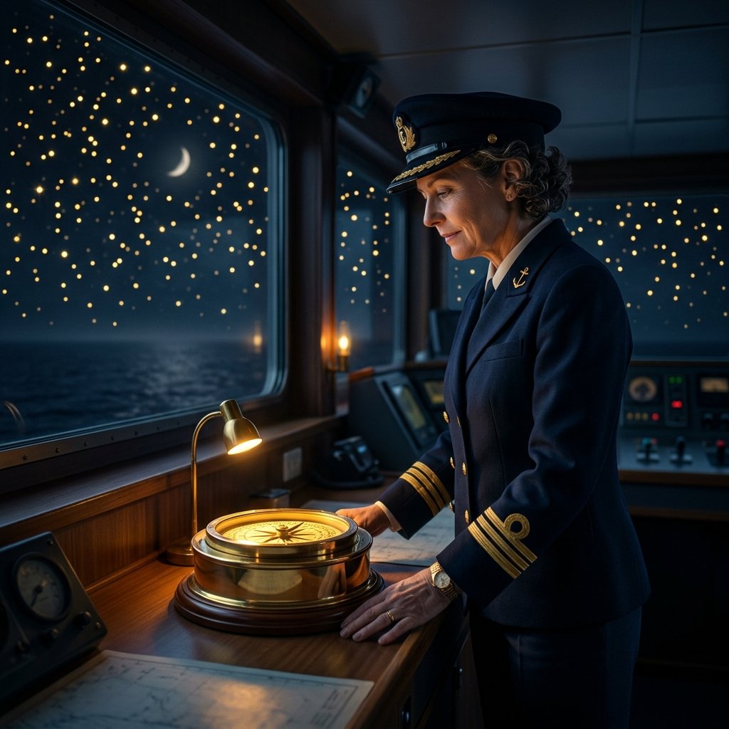 A ship captain in a dark wheelhouse looking at starry sky and a glowing brass compass