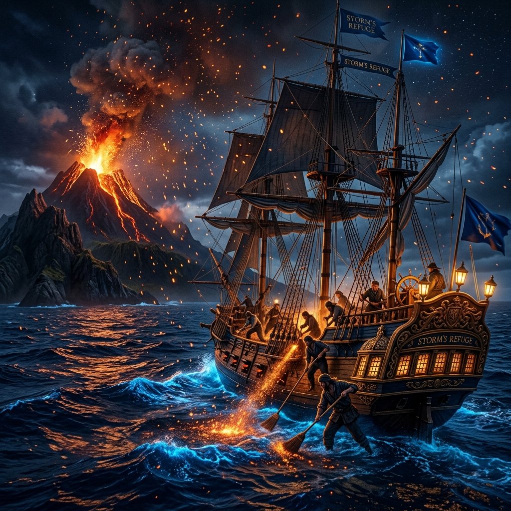 Majestic sailing ship navigating near a volcano under volcanic ash rain