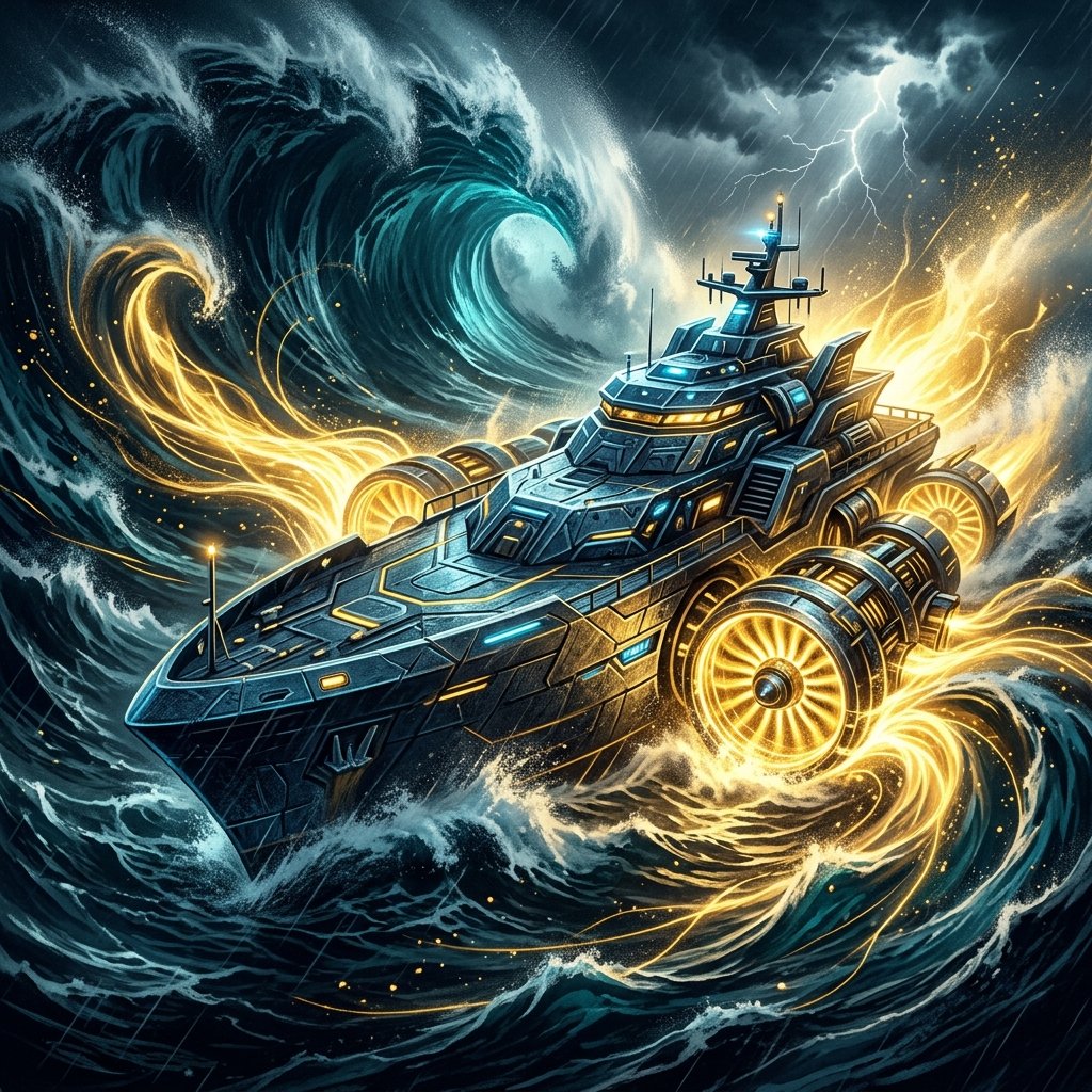 A premium abstract high-tech ship hull channeling giant storm waves into glowing golden turbines